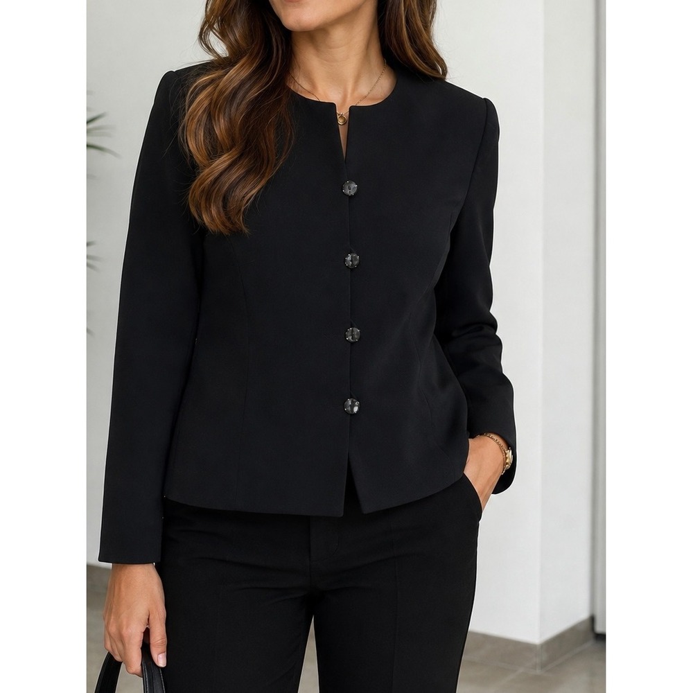 Le Suit Petite Women Black Collarless Button Front Blazer Jacket Size 12P